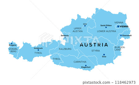 Silhouette of Austria with federal states, blue political map. The Republic of Austria, a landlocked country in Central Europe with its capital Vienna, consisting of nine federal states or provinces. 118462973