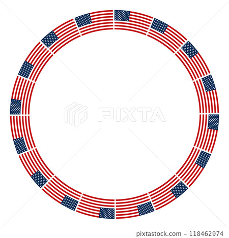 Circle frame with pattern of the United States national flag. Decorative border made of bend Stars and Stripes motif, also called The Old Glory, or The Star-Spangled Banner. Isolated illustration. Circle frame with pattern of the United States national flag. Decorative border made of bend Stars and Stripes motif, also called The Old Glory, or The Star-Spangled Banner. Isolated illustration. 118462974