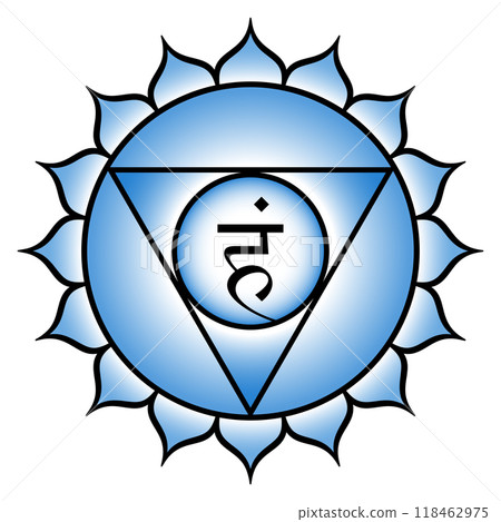Vishuddha, or Vishuddhi, the Throat chakra and purification center. Fifth chakra located at the throat region. Blue lotus with 16 petals, triangle, circle, and seed syllable Ham for space and Akasha. 118462975