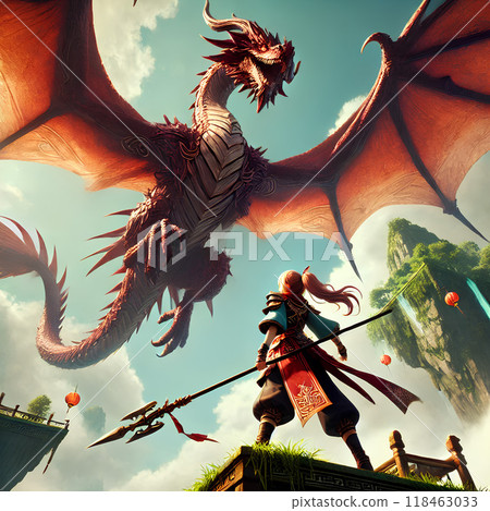 Chinese female warrior facing a dragon Chinese female warrior facing a dragon 118463033
