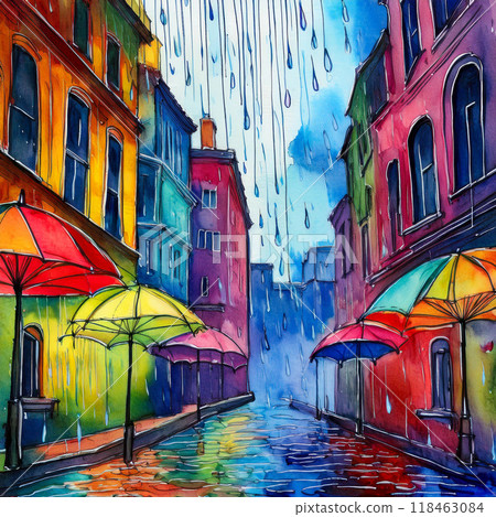 Rain Over The City - Generative Watercolor Illustration 118463084