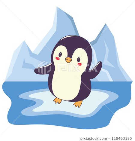 Cute Penguin Animal Cartoon Character Standing on Polar Ice with Glacier Mountain Cute Penguin Animal Cartoon Character Standing on Polar Ice with Glacier Mountain 118463150