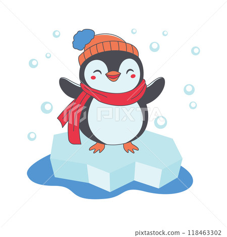 Cute Penguin Animal Character Wearing Hat Scarf Warm Clothes Standing on Polar Ice While Smiling Cute Penguin Animal Character Wearing Hat Scarf Warm Clothes Standing on Polar Ice While Smiling 118463302