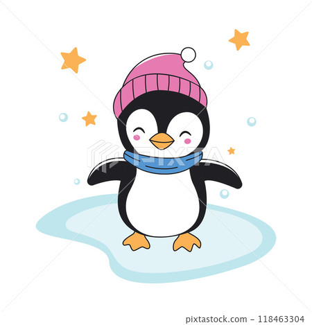 Cute Penguin Animal Character Wearing Hat Scarf Warm Clothes Standing on Polar Ice While Smiling 118463304