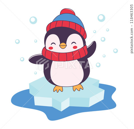 Cute Penguin Animal Character Wearing Hat Scarf Warm Clothes Standing on Polar Ice While Smiling 118463305
