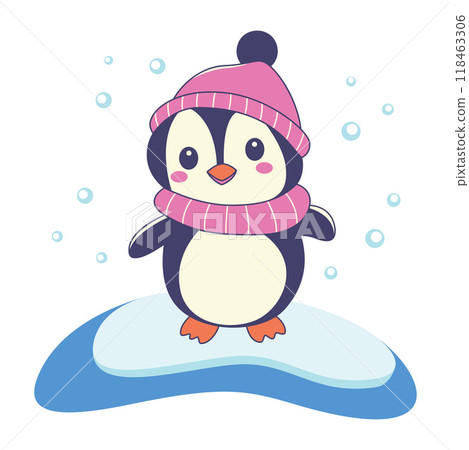 Cute Penguin Animal Character Wearing Hat Scarf Warm Clothes Standing on Polar Ice While Smiling 118463306