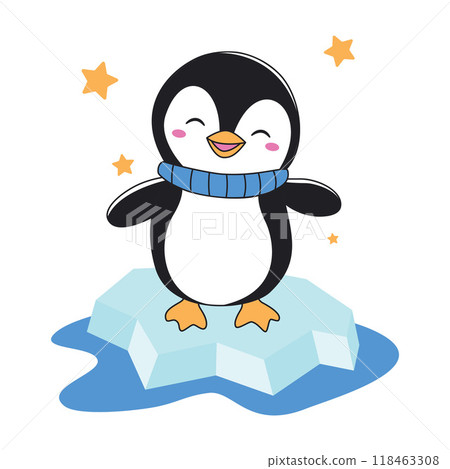 Cute Penguin Animal Cartoon Character Wearing Scarf Standing on Polar Ice with Happy Expression 118463308