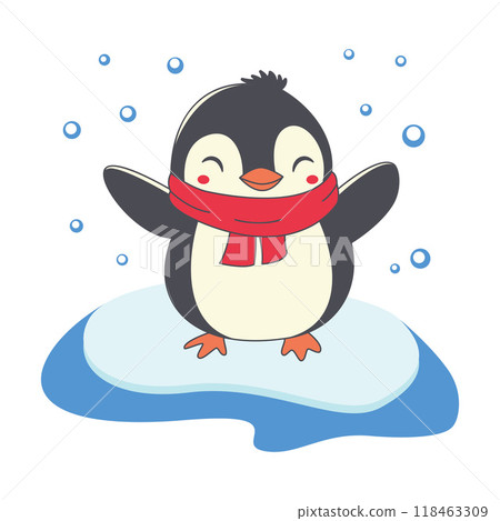 Cute Penguin Animal Cartoon Character Wearing Scarf Standing on Polar Ice with Happy Expression 118463309