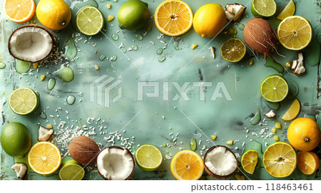 Colorful Citrus and Coconut Arrangement on a Turquoise Background for a Fresh Cooking Idea 118463461