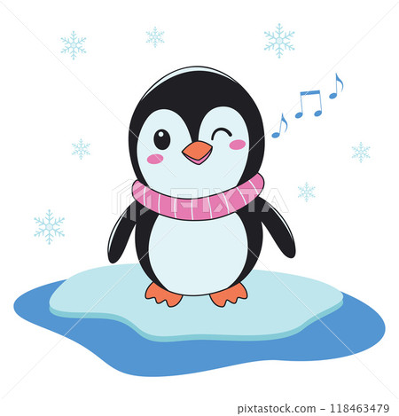 Cute Penguin Animal Character Wearing Scarf Listening Music on Polar Ice with Happy Expression Cute Penguin Animal Character Wearing Scarf Listening Music on Polar Ice with Happy Expression 118463479