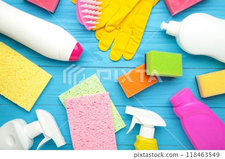 Set of cleaning tools on a blue background 118463549