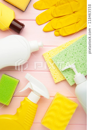 Cleaning Set. Tools for cleaning. Cleaning agents, spray, rubber gloves on blue background. 118463558