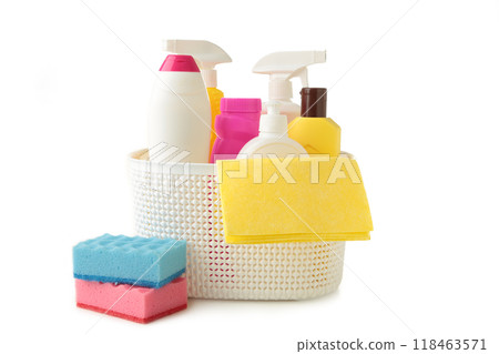Full box of cleaning supplies isolated on white Full box of cleaning supplies isolated on white 118463571