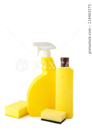 Sprayer with rags and sponge for cleaning isolated on white. 118463573