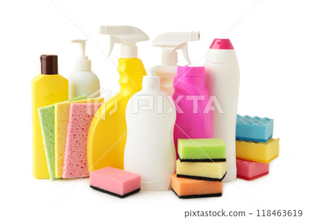 Cleaning supplies isolated on a white background Cleaning supplies isolated on a white background 118463619