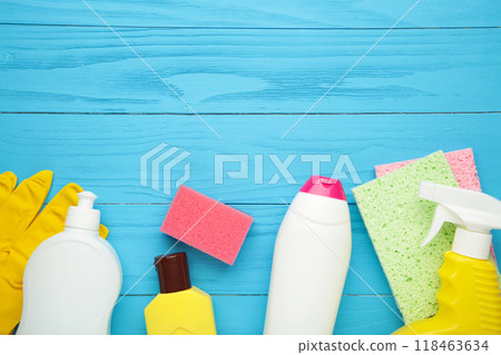 Set of cleaning tools on a blue background with copy space 118463634