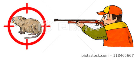 Hunter holding a rifle and a nutria target mark 118463667