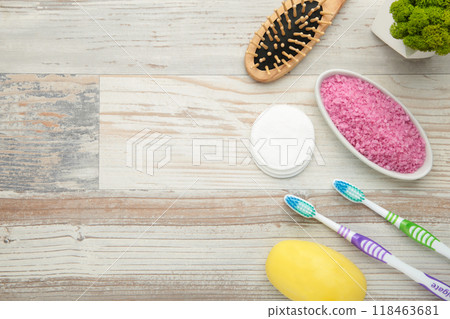 Bath products on light background with copy space. Shower gel with aromatic salt, soap and other toiletry. 118463681