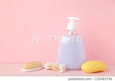 Toiletries baby on pink background. Baby shower gel 118463746