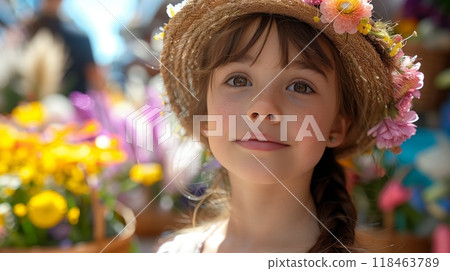 A Young Girl in a Straw Hat Adorned With Flowers Stands Among Vibrant Blooms at a Market 118463789
