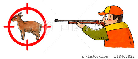 Hunter holding a rifle and a target mark of a muntjac 118463822