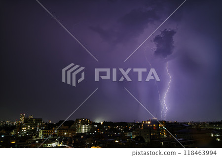 Lightning in the night view: Night, Lightning, Thunder, Lightning Strike, Sky, Clouds, Landscape, Light, Apartment, Public Housing 118463994