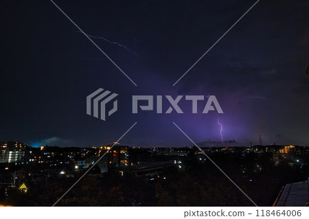 Lightning in the night view: Night, Lightning, Thunder, Lightning Strike, Sky, Clouds, Landscape, Light, Apartment, Public Housing 118464006