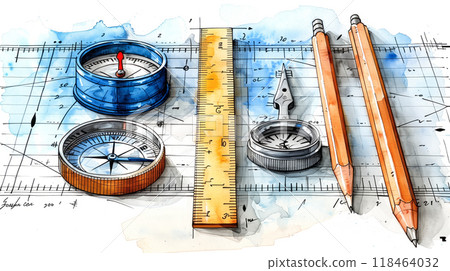 Artistic Arrangement of Drawing Tools Including Compasses and Rulers on a Blueprint Background 118464032
