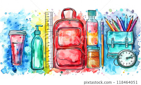 Colorful Stationery and Supplies Arranged Neatly on a Vibrant Watercolor Background With a Backpack 118464051
