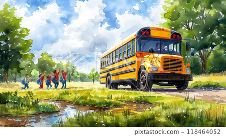 Children Joyfully Waving Goodbye to Their School Bus on a Sunny Afternoon in a Vibrant Green Field Children Joyfully Waving Goodbye to Their School Bus on a Sunny Afternoon in a Vibrant Green Field 118464052