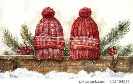 Warm Knitted Red Hats Rest on a Rustic Wooden Fence Adorned With Greenery and Snow 118464081