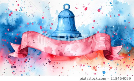 A Colorful Watercolor Illustration of a Blue Bell With a Flowing Pink Ribbon on an Artful Background 118464099