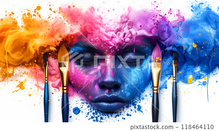 Vibrant Face Painting With Colorful Powders and Brushes Creating an Artistic Portrait Vibrant Face Painting With Colorful Powders and Brushes Creating an Artistic Portrait 118464110
