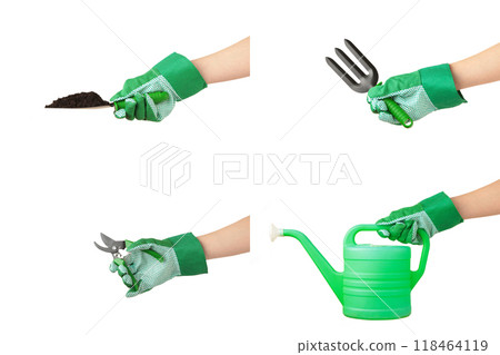 Collage of gardening equipment in hand isolated on white Collage of gardening equipment in hand isolated on white 118464119