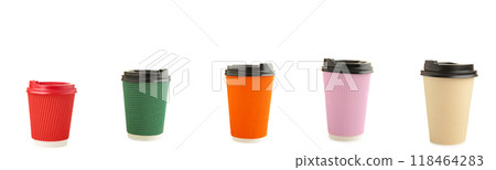 Design concept of mockup coffee cup set on isolated on white background. Copy space for text and logo. Collage of different cup 118464283