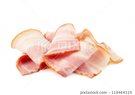 Fresh raw slices bacon isolated on white background. 118464319