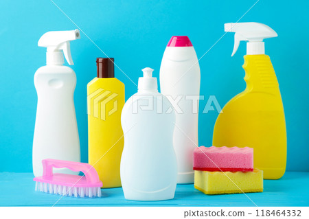 Set of cleaning tools on a blue background with copy space 118464332