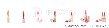 Collage of different lipsticks isolated on white. Set of lipstick tubes. Make up Collage of different lipsticks isolated on white. Set of lipstick tubes. Make up 118464374