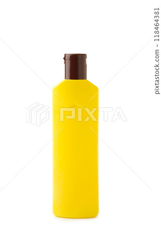 Yellow plastic container of cleaning product isolated over white background. 118464381