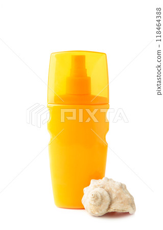 Sunscreen with starfish and seashells isolated on white background. Summer vacation. Sun protection bottle Sunscreen with starfish and seashells isolated on white background. Summer vacation. Sun protection bottle 118464388