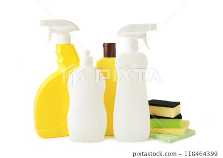 Sprayer with rags and sponge for cleaning isolated on white. 118464399