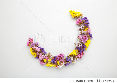 Flowers composition. Gypsophila flowers on grey background. Flat lay, top view, copy space Flowers composition. Gypsophila flowers on grey background. Flat lay, top view, copy space 118464695