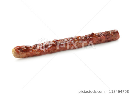 Grilled sausage isolated on white background. Top view. Grilled sausage isolated on white background. Top view. 118464708