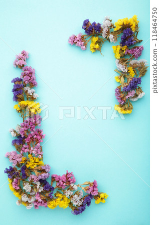 Flowers composition. Gypsophila flowers on pastel blue background. Flat lay, top view, copy space Flowers composition. Gypsophila flowers on pastel blue background. Flat lay, top view, copy space 118464750