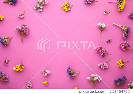 Flowers composition. Gypsophila flowers on pink background. Spring, summer concept. Flat lay, top view. Flowers composition. Gypsophila flowers on pink background. Spring, summer concept. Flat lay, top view. 118464753
