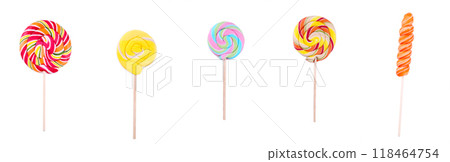 Set of colorful lollipop isolated on white background. Studio shot Set of colorful lollipop isolated on white background. Studio shot 118464754