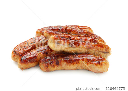 Studio shot close-up of grilled sausages isolated on white background 118464775