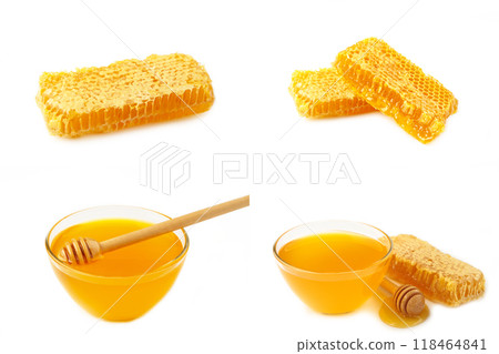 Set of sweet honeycomb isolated on white background, honey products by organic natural ingredients concept. 118464841