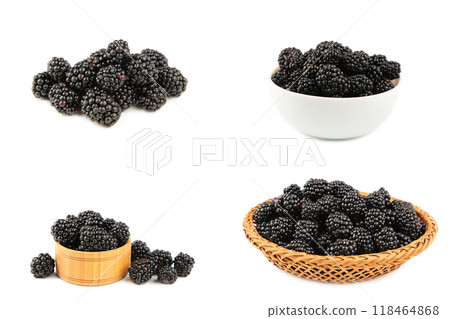 Collage of fresh blackberry isolated on white background. Top view 118464868