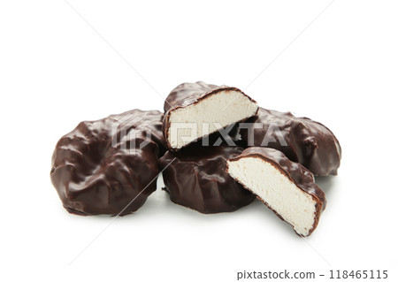 Chocolate covered marshmallows isolated on white background Chocolate covered marshmallows isolated on white background 118465115